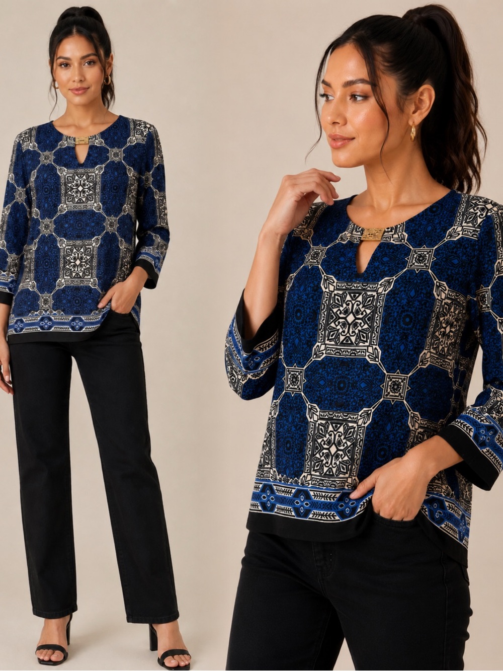 Sunny Leigh Navy and Cream Medallion Keyhole Tunic